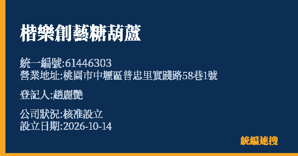 楷樂創藝糖葫蘆的照片-統編 61446303(桃園市) 公司登記資料與營業項目詳細圖表