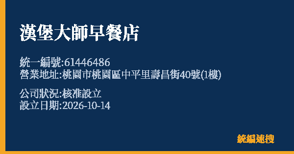 漢堡大師早餐店的照片-統編 61446486(桃園市) 公司登記資料與營業項目詳細圖表