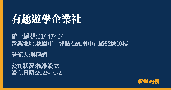有趣遊學企業社的照片-統編 61447464(桃園市) 公司登記資料與營業項目詳細圖表