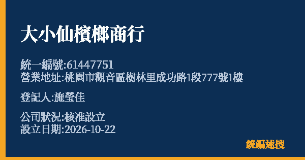 大小仙檳榔商行的照片-統編 61447751(桃園市) 公司登記資料與營業項目詳細圖表