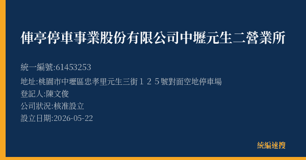 俥亭停車事業股份有限公司中壢元生二營業所的照片-統編 61453253(桃園市) 公司登記資料與營業項目詳細圖表
