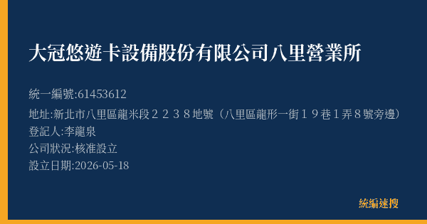 大冠悠遊卡設備股份有限公司八里營業所的照片-統編 61453612(新北市) 公司登記資料與營業項目詳細圖表