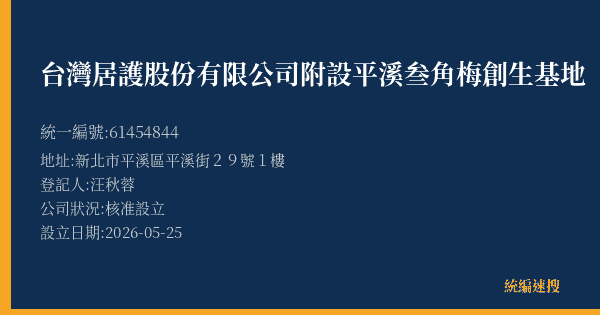 台灣居護股份有限公司附設平溪叁角梅創生基地的照片-統編 61454844(新北市) 公司登記資料與營業項目詳細圖表