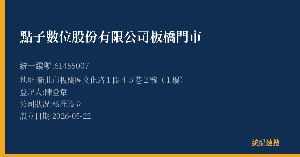 點子數位股份有限公司板橋門市的照片-統編 61455007(新北市) 公司登記資料與營業項目詳細圖表