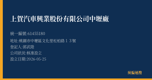 上賀汽車興業股份有限公司中壢廠的照片-統編 61455180(桃園市) 公司登記資料與營業項目詳細圖表