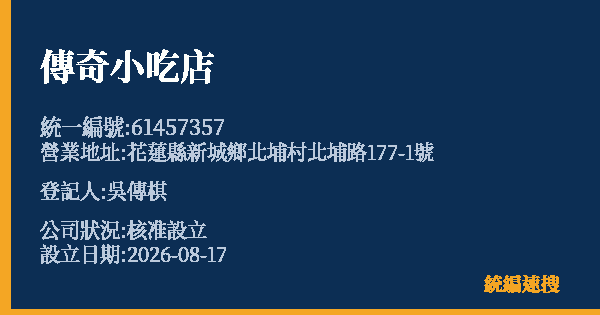 傳奇小吃店的照片-統編 61457357(花蓮縣) 公司登記資料與營業項目詳細圖表
