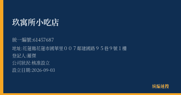 玖寓所小吃店的照片-統編 61457687(花蓮縣) 公司登記資料與營業項目詳細圖表
