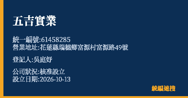 五吉實業的照片-統編 61458285(花蓮縣) 公司登記資料與營業項目詳細圖表