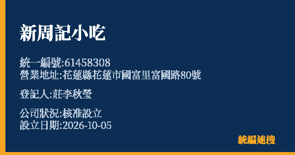 新周記小吃的照片-統編 61458308(花蓮縣) 公司登記資料與營業項目詳細圖表