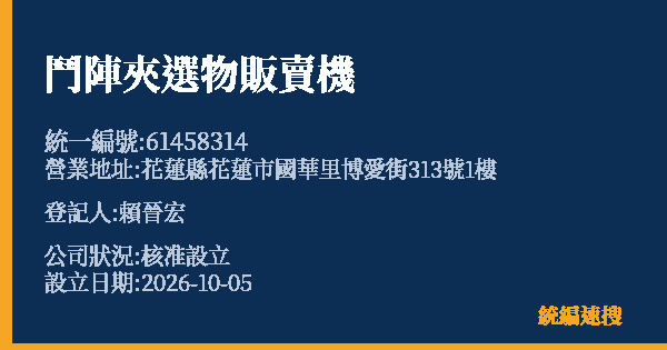 鬥陣夾選物販賣機的照片-統編 61458314(花蓮縣) 公司登記資料與營業項目詳細圖表