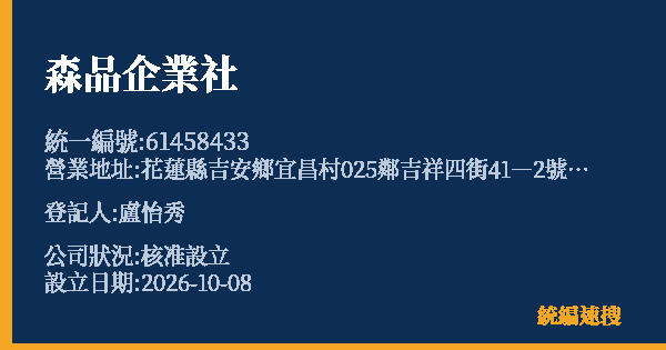 森品企業社的照片-統編 61458433(花蓮縣) 公司登記資料與營業項目詳細圖表