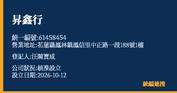昇鑫行的照片-統編 61458454(花蓮縣) 公司登記資料與營業項目詳細圖表