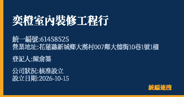奕橙室內裝修工程行的照片-統編 61458525(花蓮縣) 公司登記資料與營業項目詳細圖表