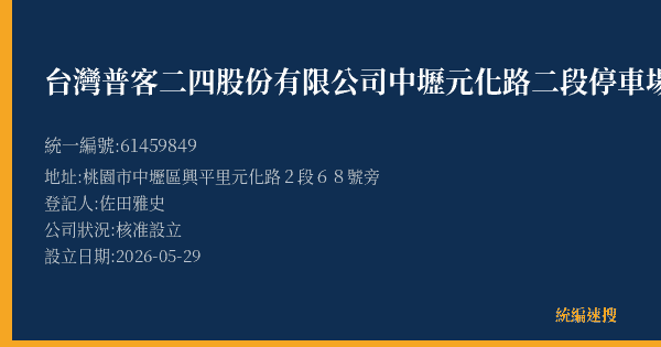 台灣普客二四股份有限公司中壢元化路二段停車場的照片-統編 61459849(桃園市) 公司登記資料與營業項目詳細圖表