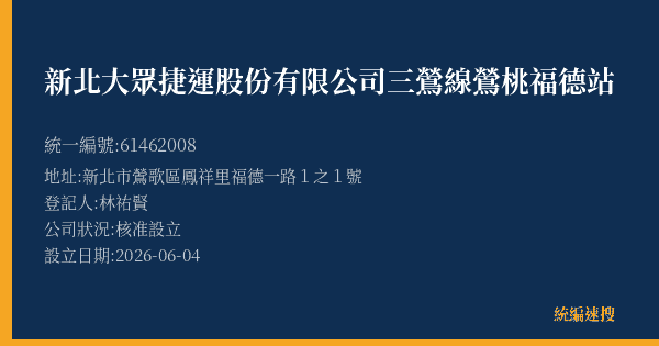 新北大眾捷運股份有限公司三鶯線鶯桃福德站的照片-統編 61462008(新北市) 公司登記資料與營業項目詳細圖表
