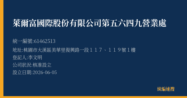 萊爾富國際股份有限公司第五六四九營業處的照片-統編 61462513(桃園市) 公司登記資料與營業項目詳細圖表
