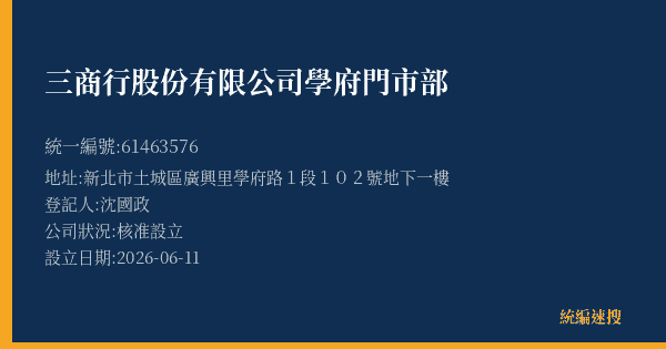 三商行股份有限公司學府門市部的照片-統編 61463576(新北市) 公司登記資料與營業項目詳細圖表