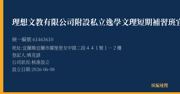 理想文教有限公司附設私立逸學文理短期補習班宜蘭分班的照片-統編 61463610(宜蘭縣) 公司登記資料與營業項目詳細圖表
