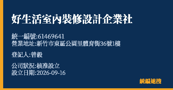 好生活室內裝修設計企業社的照片-統編 61469641(新竹市) 公司登記資料與營業項目詳細圖表