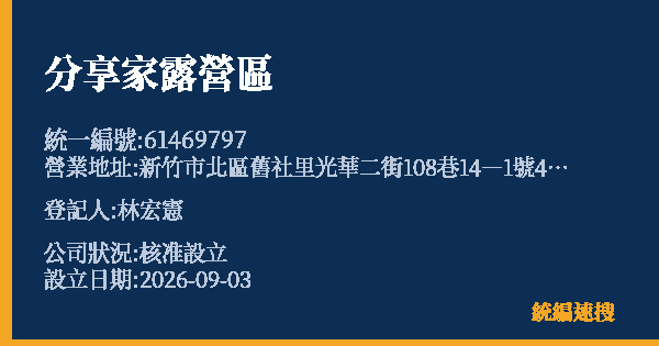 分享家露營區的照片-統編 61469797(新竹市) 公司登記資料與營業項目詳細圖表