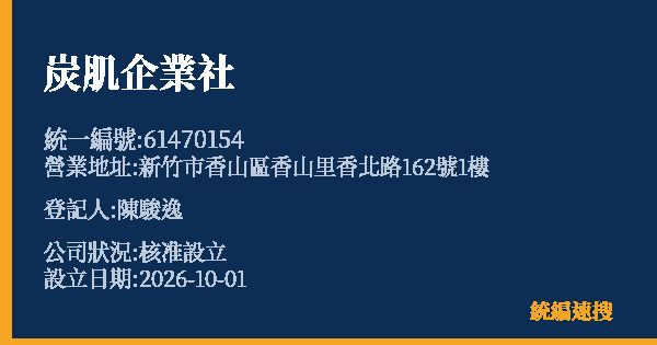 炭肌企業社的照片-統編 61470154(新竹市) 公司登記資料與營業項目詳細圖表