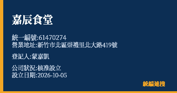 嘉辰食堂的照片-統編 61470274(新竹市) 公司登記資料與營業項目詳細圖表