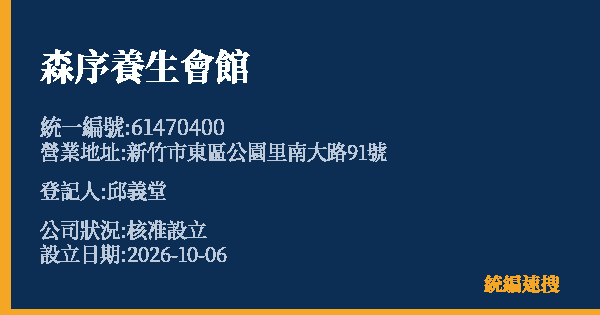 森序養生會館的照片-統編 61470400(新竹市) 公司登記資料與營業項目詳細圖表