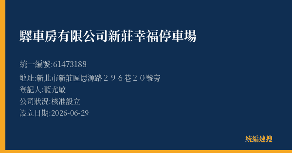 驛車房有限公司新莊幸福停車場的照片-統編 61473188(新北市) 公司登記資料與營業項目詳細圖表