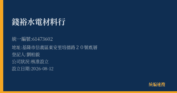 錢裕水電材料行的照片-統編 61473602(基隆市) 公司登記資料與營業項目詳細圖表