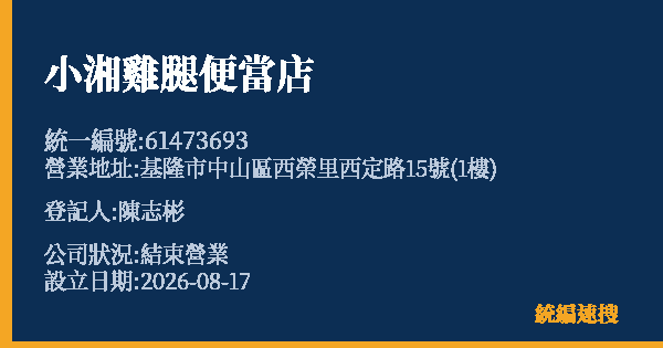 小湘雞腿便當店的照片-統編 61473693 公司登記資料與營業項目詳細圖表