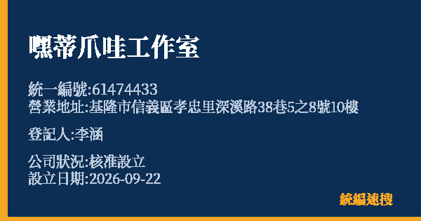 嘿蒂爪哇工作室的照片-統編 61474433(基隆市) 公司登記資料與營業項目詳細圖表