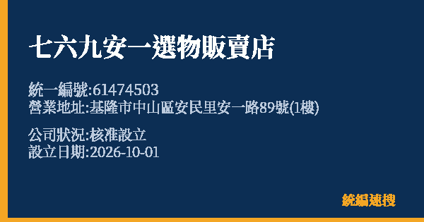 七六九安一選物販賣店的照片-統編 61474503(基隆市) 公司登記資料與營業項目詳細圖表