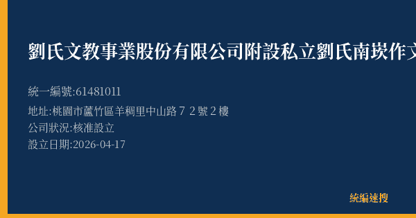 劉氏文教事業股份有限公司附設私立劉氏南崁作文文理短期補習班的照片-統編 61481011 公司登記資料與營業項目詳細圖表