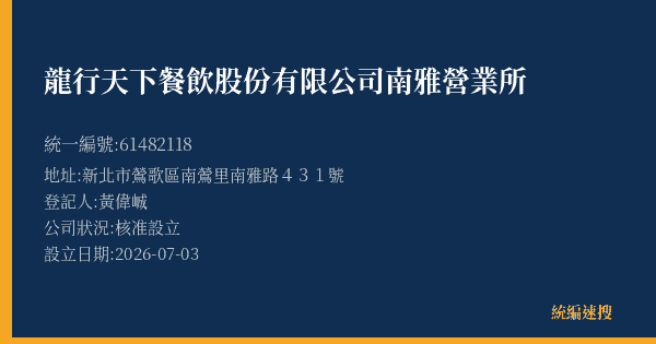 龍行天下餐飲股份有限公司南雅營業所的照片-統編 61482118(新北市) 公司登記資料與營業項目詳細圖表
