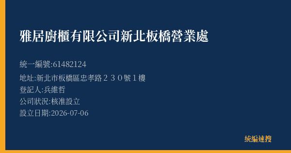 雅居廚櫃有限公司新北板橋營業處的照片-統編 61482124(新北市) 公司登記資料與營業項目詳細圖表