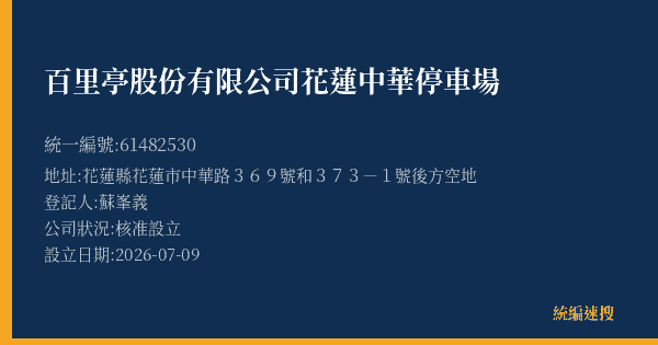 百里亭股份有限公司花蓮中華停車場的照片-統編 61482530(花蓮縣) 公司登記資料與營業項目詳細圖表