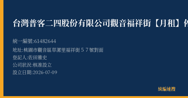 台灣普客二四股份有限公司觀音福祥街【月租】停車場的照片-統編 61482644(桃園市) 公司登記資料與營業項目詳細圖表