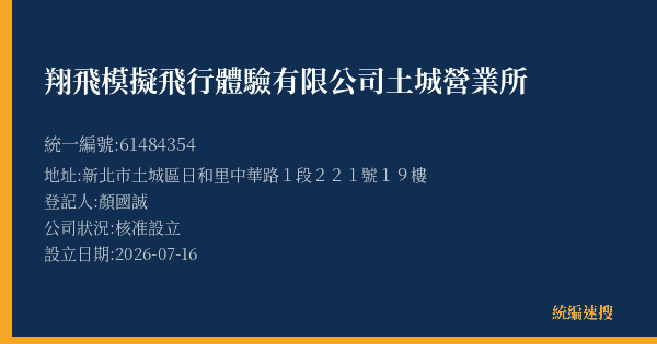 翔飛模擬飛行體驗有限公司土城營業所的照片-統編 61484354(新北市) 公司登記資料與營業項目詳細圖表