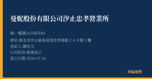 曼妮股份有限公司汐止忠孝營業所的照片-統編 61485184(新北市) 公司登記資料與營業項目詳細圖表