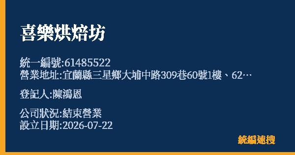 喜樂烘焙坊的照片-統編 61485522 公司登記資料與營業項目詳細圖表