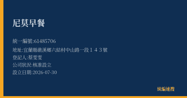 尼莫早餐的照片-統編 61485706(宜蘭縣) 公司登記資料與營業項目詳細圖表
