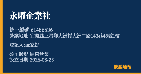 永曜企業社的照片-統編 61486536(宜蘭縣) 公司登記資料與營業項目詳細圖表