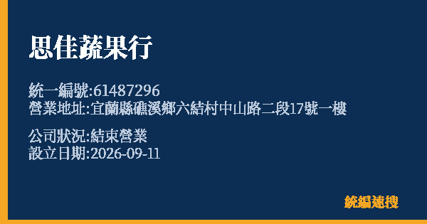 思佳蔬果行的照片-統編 61487296(宜蘭縣) 公司登記資料與營業項目詳細圖表
