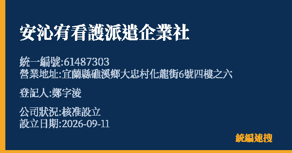 安沁宥看護派遣企業社的照片-統編 61487303(宜蘭縣) 公司登記資料與營業項目詳細圖表