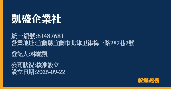 凱盛企業社的照片-統編 61487681(宜蘭縣) 公司登記資料與營業項目詳細圖表