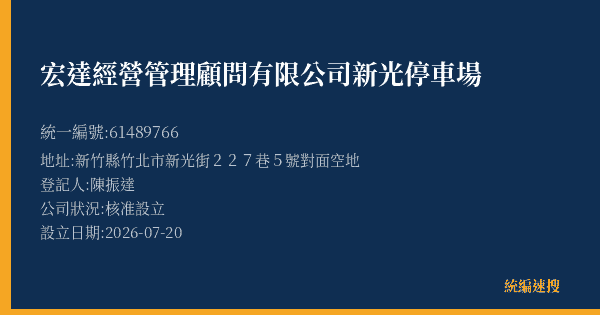 宏達經營管理顧問有限公司新光停車場的照片-統編 61489766(新竹縣) 公司登記資料與營業項目詳細圖表