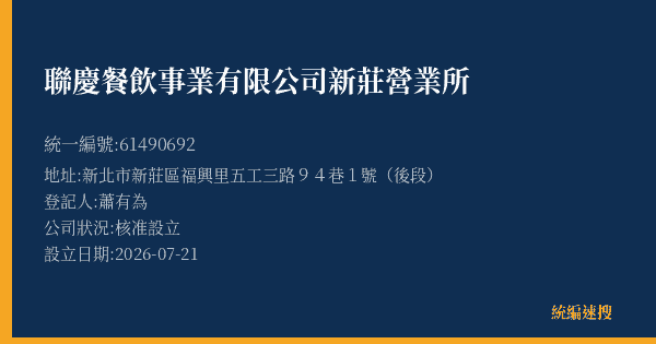 聯慶餐飲事業有限公司新莊營業所的照片-統編 61490692(新北市) 公司登記資料與營業項目詳細圖表