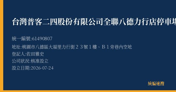 台灣普客二四股份有限公司全聯八德力行店停車場的照片-統編 61490807(桃園市) 公司登記資料與營業項目詳細圖表