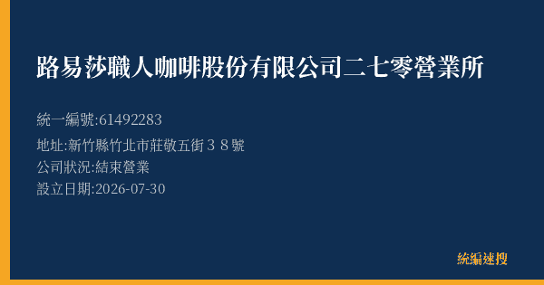 路易莎職人咖啡股份有限公司二七零營業所的照片-統編 61492283(新竹縣) 公司登記資料與營業項目詳細圖表