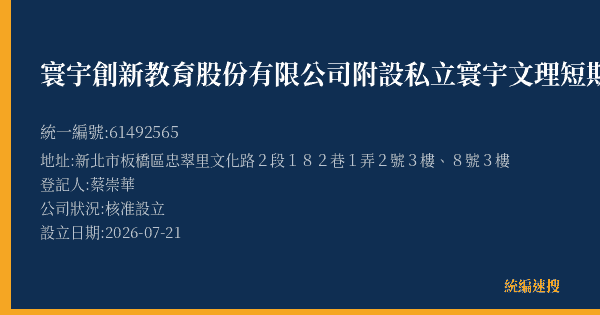 寰宇創新教育股份有限公司附設私立寰宇文理短期補習班的照片-統編 61492565(新北市) 公司登記資料與營業項目詳細圖表